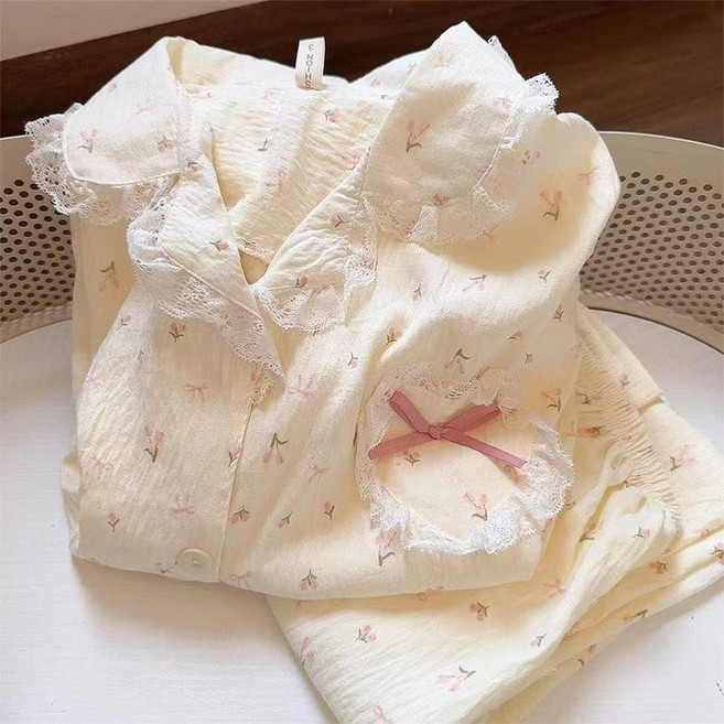 THE BLOOMING 여성 봄 여름 플라워 러블리 구름면 부드러운 긴팔 파자마 잠옷 세트