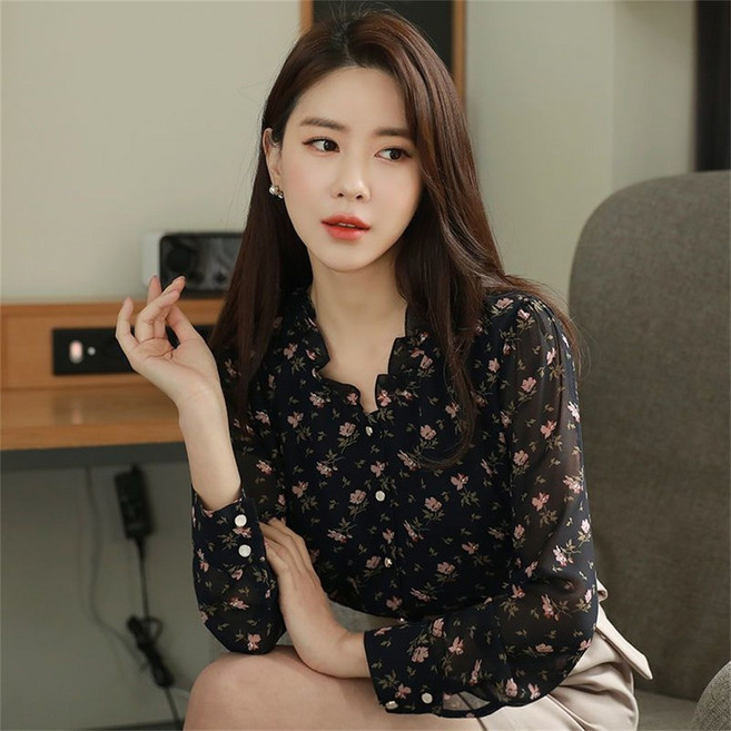 Vezri 여성 봄 가을 꽃무늬 시폰 블라우스 긴팔 프릴넥 셔츠