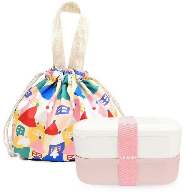 온다온 도시락통 밤부 직장인 전자레인지 런치박스 + 패턴 보온보냉백 세트, 핑크+캐슬, 1세트