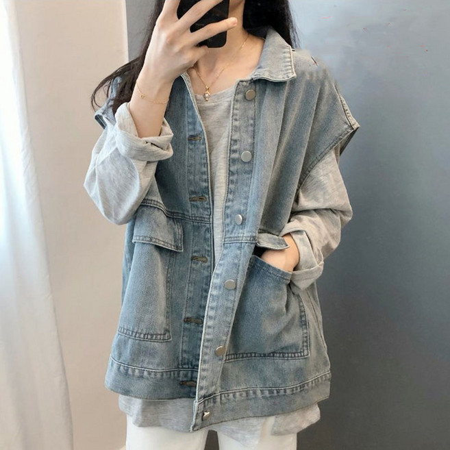 微胖穿搭牛仔馬甲女春秋大碼寬鬆顯瘦無袖工裝外套