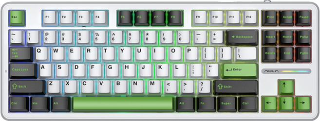 AULA F87 프로 커스텀 3모드 유무선 기계식 키보드, 제조사축, 애쉬 우드 샤프트 V4, 블랙 + 화이트 + 그린