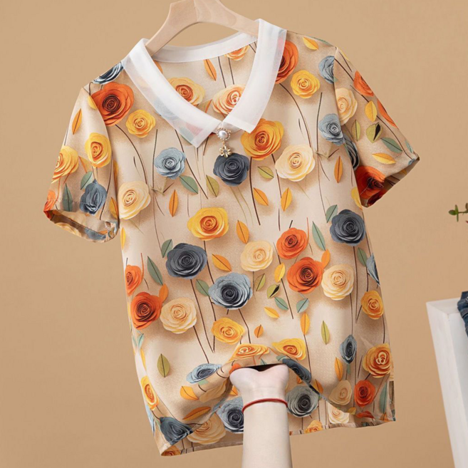 VVRR 여성 블라우스 와일드 플라워 오간자 칼라 루즈핏 반팔 상의 B0040203