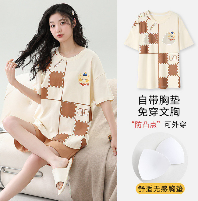 短袖睡衣女夏季薄款帶胸墊卡通少女學生圓領家居服