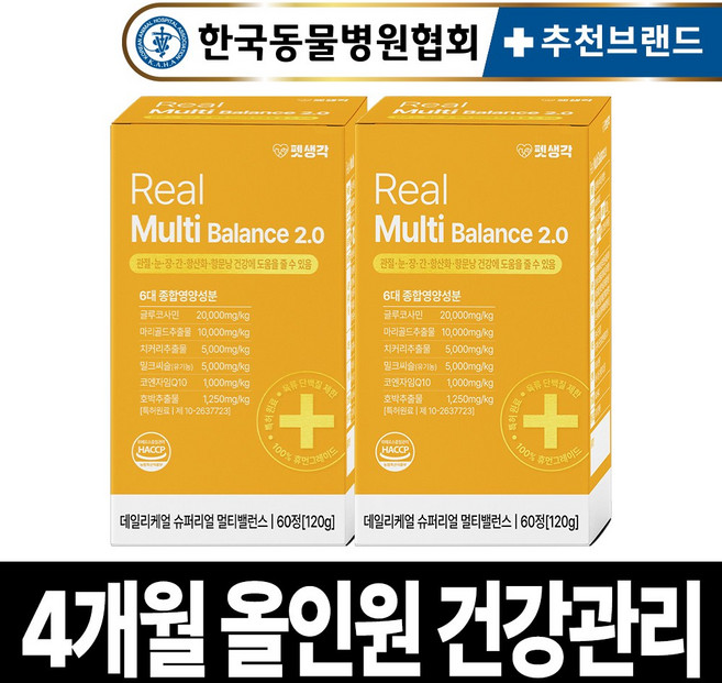 펫생각 리얼 멀티밸런스 강아지 종합 영양제 비타민 눈 간 피부 관절 면역력 항문낭 성장기 노령견 120g, 60정, 종합영양제, 2박스