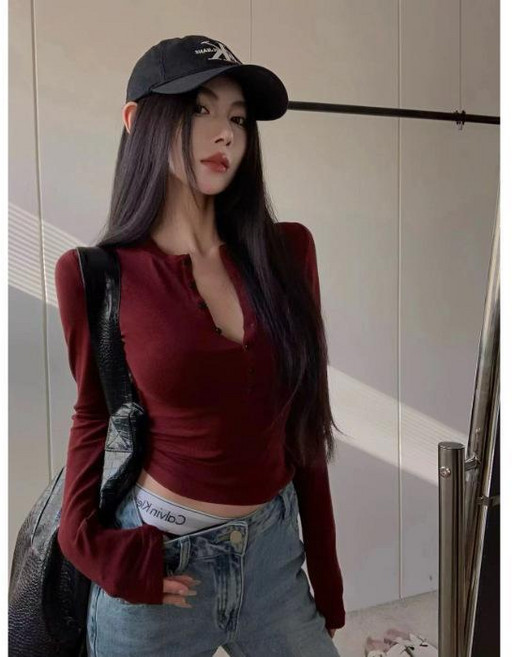 美式小衆半開領修身顯瘦純欲風長袖T恤女秋冬
