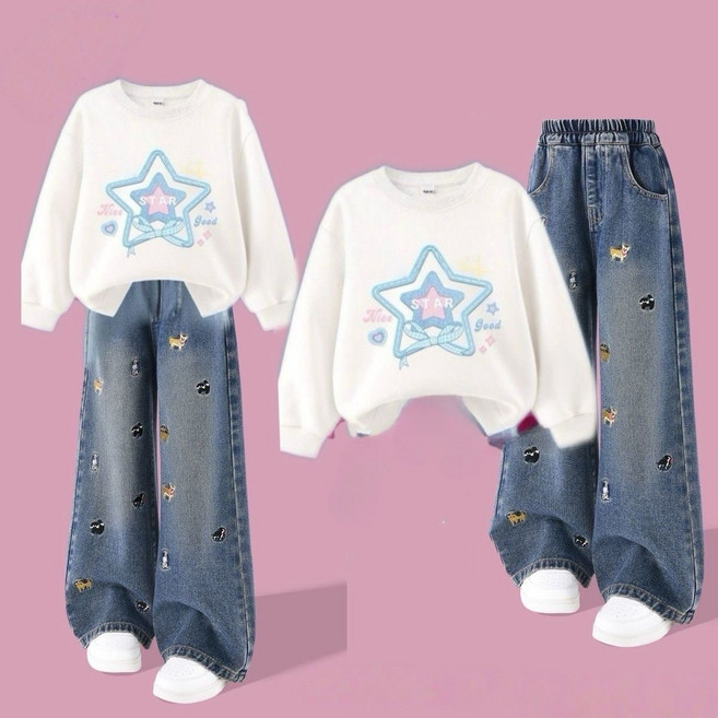 주니어 여아용 트레이닝 세트 루즈핏 프린트 맨투맨+와이드 데님 팬츠 초등학생 투피스