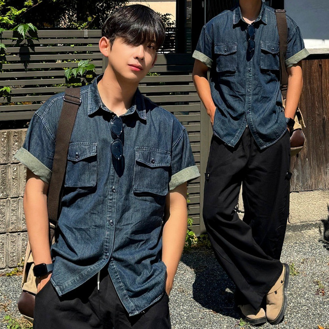 2컬러 오브 남자 투포켓 썸머 쿨링 데님 반팔 셔츠 남방