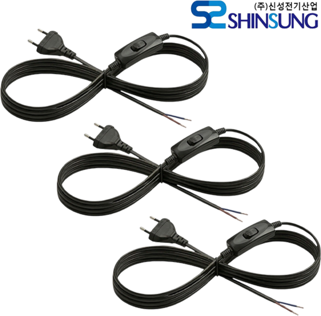 신성 SIMPLE 국산 KC인증 블랙 중간 스위치 부착 전원 연결 단자 1P 6개 AC 전원 스위치 코드 3M 3개