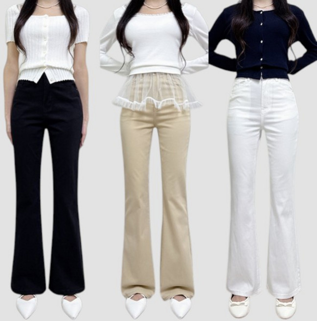 제이엠스타일 [숏 롱/ S~2XL] 봄~여름~가을~ 실크같이 부드럽고 가벼운 착용감 여성 스판 세미 부츠컷 면바지 여자 빅사이즈 나팔 팬츠 키작녀 키큰녀 청바지