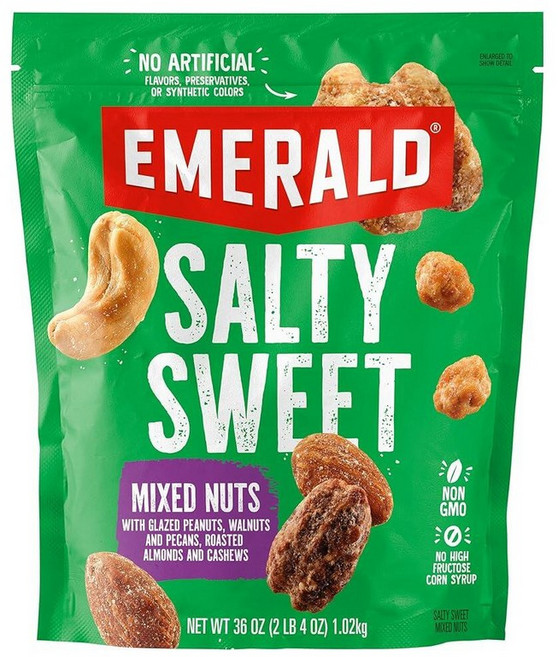 Emerald Salty Sweet 믹스 너트(1팩) | 1020.6g(36온스) 재밀봉 가능한 벌크 백 | 글레이즈드 땅콩 호두 및 피칸 구운 아몬드 및 캐슈가 특징 |