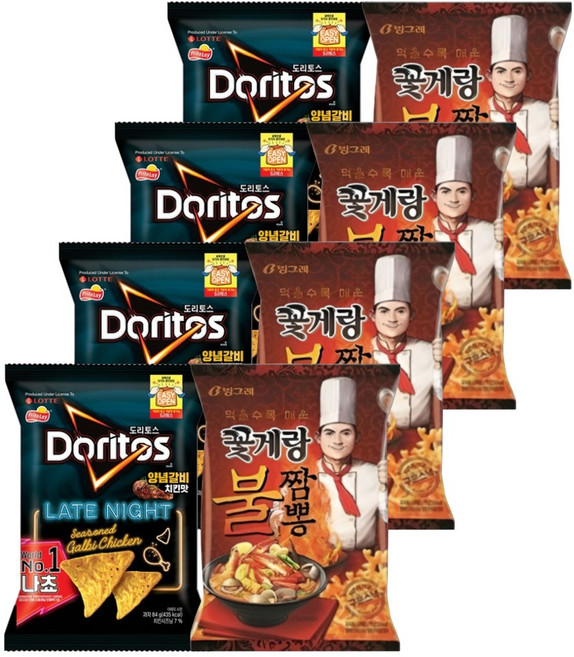 롯데 크라운 과자세트 도리토스 양념갈비치킨 84gx4개+꽃게랑 불짬뽕 70gx4개 (총8개) 과자세트, 1세트, 616g