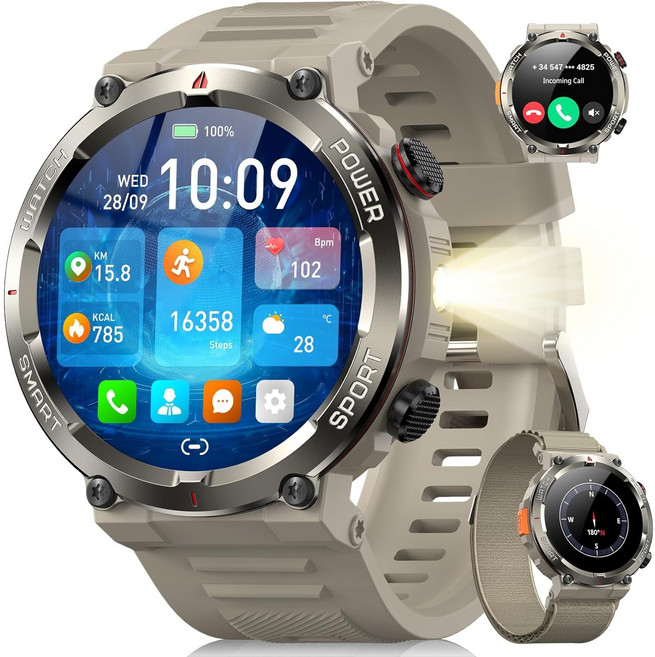 IOWODO W50 Pro 아웃도어 스마트워치 1.45인치 960mAh 초대용량 배터리 군용급 내구성 통화 가능 IP68 방수, 블루투스, 5.2cm, 카키색