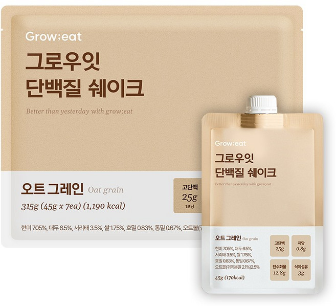 그로우잇 단백질 쉐이크 파우치 저당 식사대용 오트그레인 25g, 1팩(7개입)