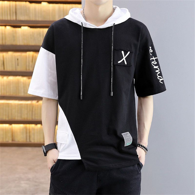 TKX 남성용 후드 반팔 티셔츠 캐주얼 스트릿 패션 레터링 포인트 오버핏 트렌디 스타일