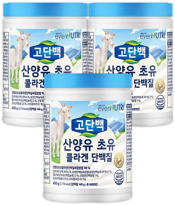 에버뉴트리 고단백 산양유 초유 콜라겐 단백질, 3개, 450g - 쿠팡