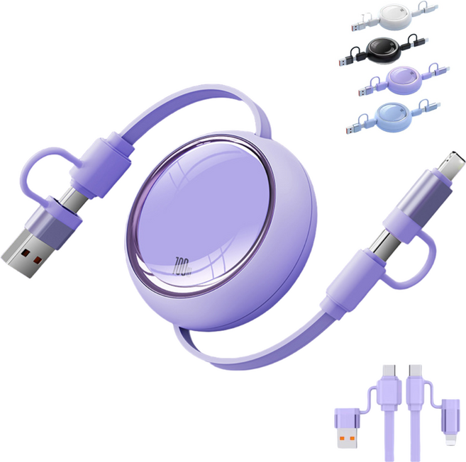 에이릴 4 in 1 올인원 100W 초고속 릴 케이블 충전기, 1개, 퍼플, 100mm