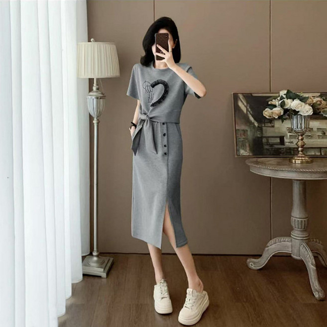 스타일닥터 여성 여름 원피스 하트 프린트 벨트 스트레이트 롱원피스 투피스 세트 데일리 오피스룩