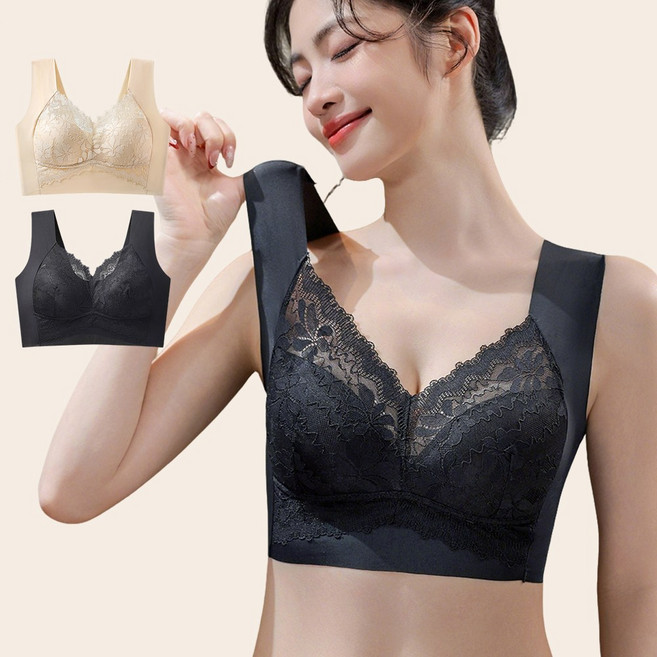 KAQIA 레이스 여성 브래지어 노와이어 패드일체형 빅사이즈 심리스 브라 2세트 WX2004