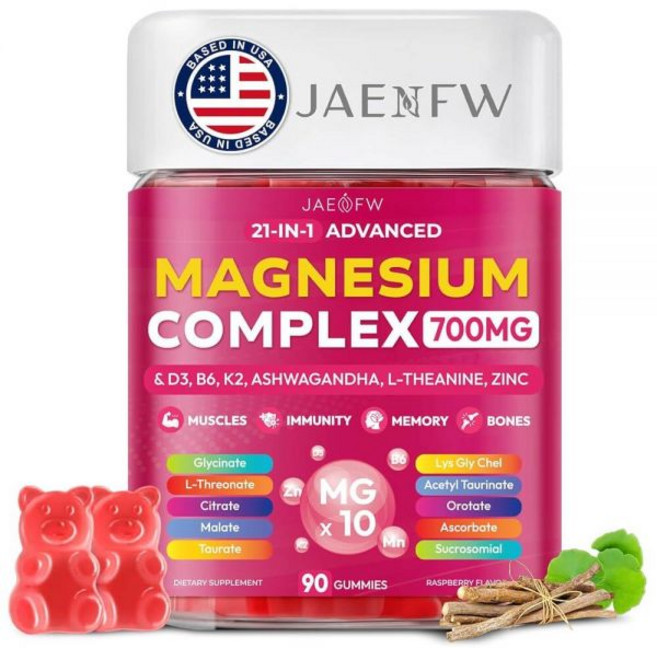 마그네슘 글리시네이트 젤리 700mg 성인 및 아동용 무설탕 수면 스트레스 근육 완화를 위한 젤리 뼈 신경 건강 지원 비건, 1개, 마그네슘 글리시네이트 젤리 700mg, 성인 및 아동용, 90정
