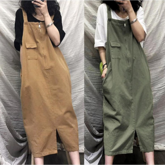 FINE ART 여성 앤티크 롱 점프수트 오버핏 멜빵 원피스 트임 롱원피스 빅사이즈 점프슈트 여름원피스