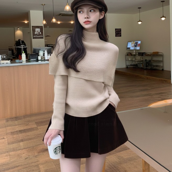 케이프 숄 세트 슬림 골지 니트 넥워머 여성 투피스