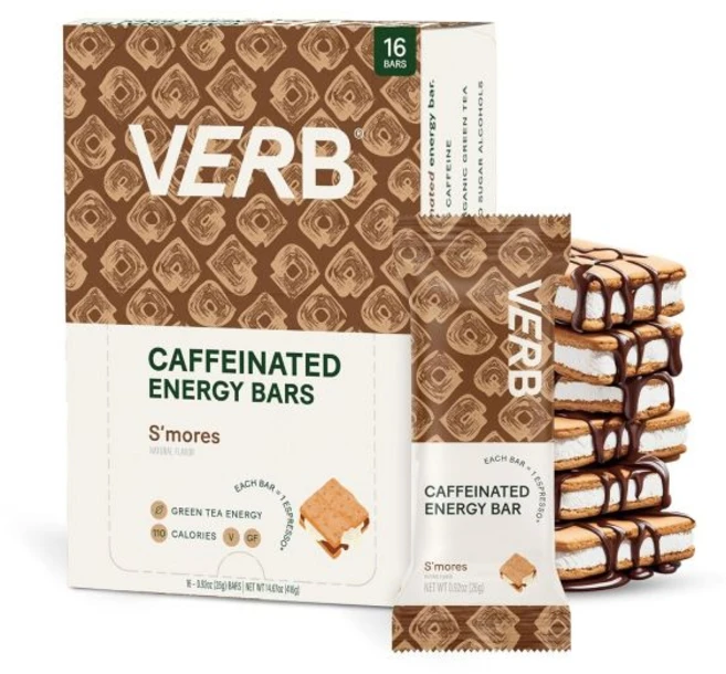 Verb Caffeinated Energy Bar 쿠키 과자 버브 에너지 카페인 함유 바 앤 크림 90칼로리 스낵 영양 비건 녹차 포함 글루텐 프리 아침 식사 16개입 26g, 스모어, 16개 (1팩), 1개 - 쿠팡