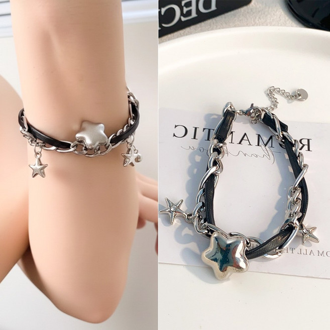 백송 올드스쿨 스타 레더 팔찌 키치한 별펜던트 드롭 파티 클럽 코디 펑키한 락시크 스타일