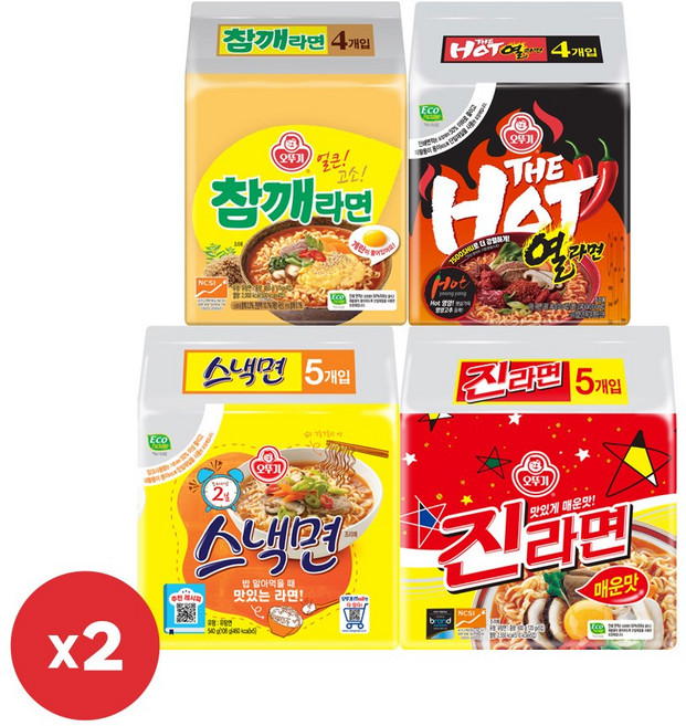 오뚜기 더핫열라면 120g(4입) 2개+스낵면 108g(5입) 2개+참깨라면 115g(4입) 2개+진라면 매운맛 120g(5입) 2개, 1세트