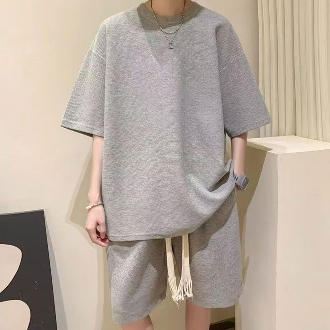 AREVI 여름 남자 트레이닝 세트 단색 순면 트랜드 루즈핏 반팔 티셔츠 반바지