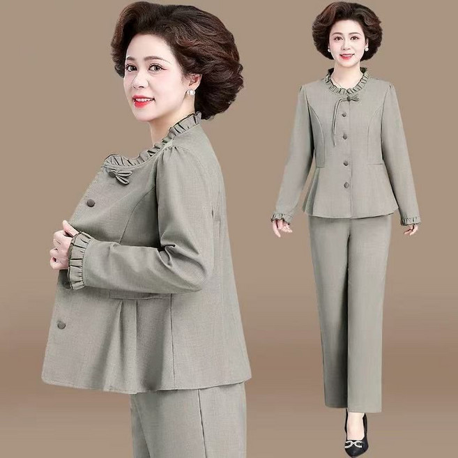 중년 여성 봄 가을 프리미엄 정장세트 허리 조임 긴팔 정장 투피스 캐주얼 하객록 통바지 상하세트SYW