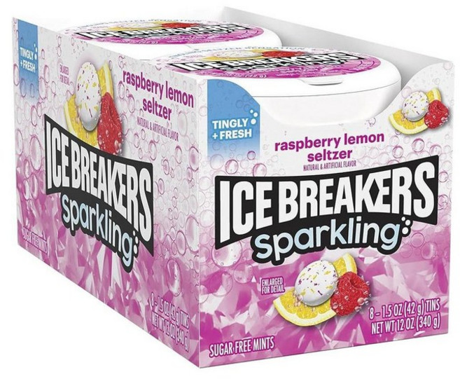 Ice Breakers 아이스 브레이커 스파클링 라즈베리 레몬 셀처 브레쓰 민트 틴 43g, 8개