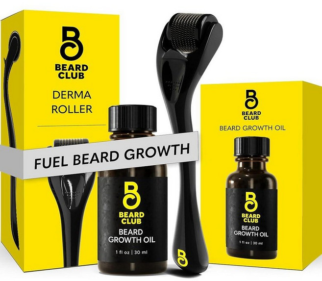 The Beard Club Derma 롤러 및 클렌징 스프레이 키트 - 수염 두피 얼굴용 미세 니들 롤러 수염 바늘 클리너 포함 가정용 마이크로 스킨 장치 남성 여성용, Derma Roller & Growth Oil, 1