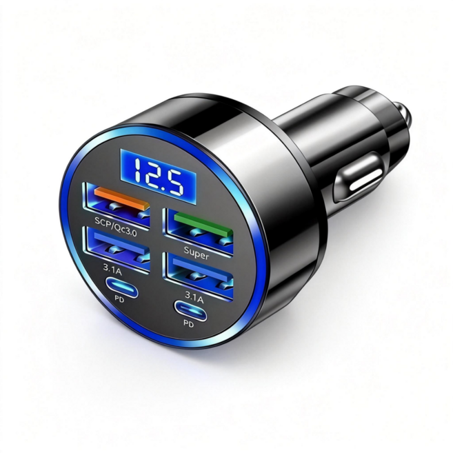 6in1 다중 포트 차량용 초고속 충전기 USB 멀티 어댑터 휴대폰 공용 카차저, 블랙, 12v-24v