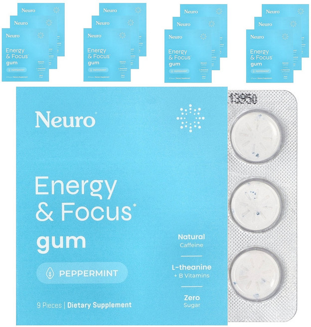 뉴로껌 에너지 포커스 페퍼민트 12팩 각 9개입 NeuroGum Energy Focus Peppermint 12 Packs 9 Pieces Each, 뉴로껌 에너지 포커스 페퍼민트 12팩 각 9개입 Neu