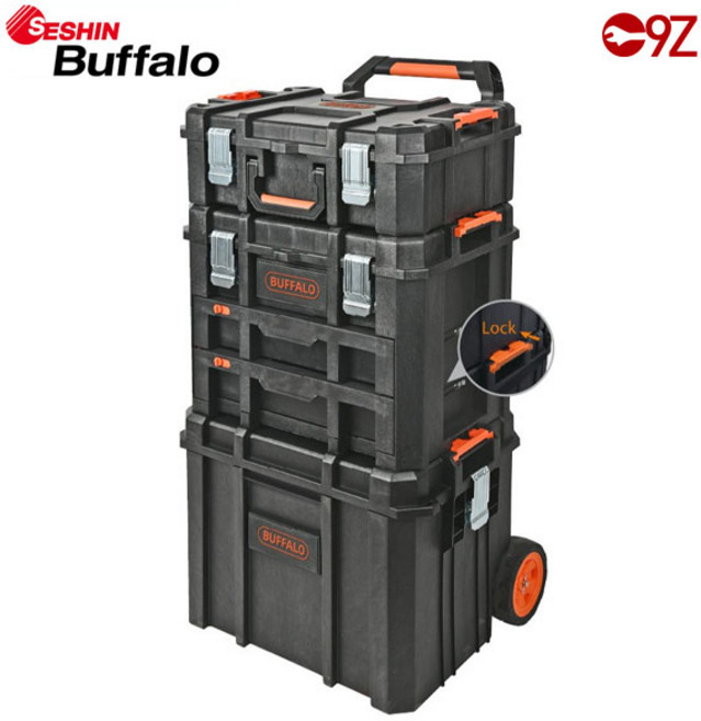[마카모디] 세신 하드박스 튼튼한 공구함 스택형 결합 캐리어형 바퀴달린 특수PP 충격방지 방수 잠금장치, 1개