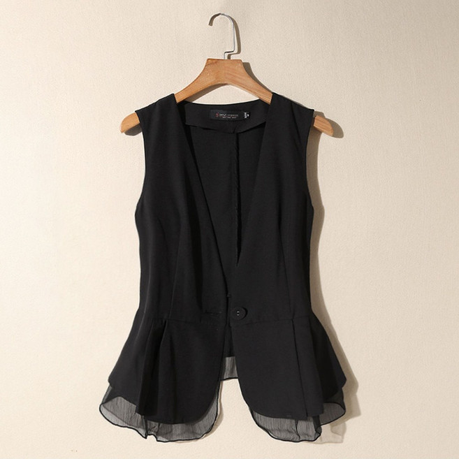 WANGBAIWAN 여성 슬림핏 브이넥 쉬폰 베스트 우아하고 편안한 세련된 쇼트핏 민소매 정장 조끼 S042608