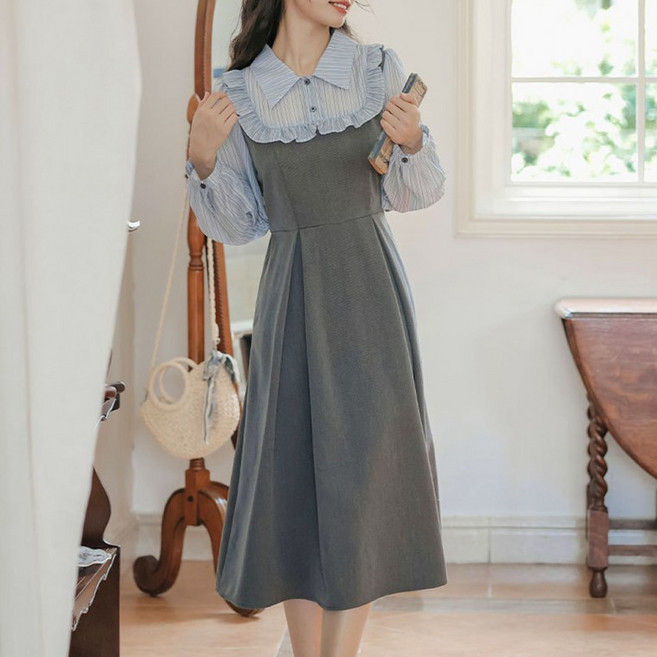 교복몰 각카라 프릴셔츠 그레이 롱원피스 경성의상