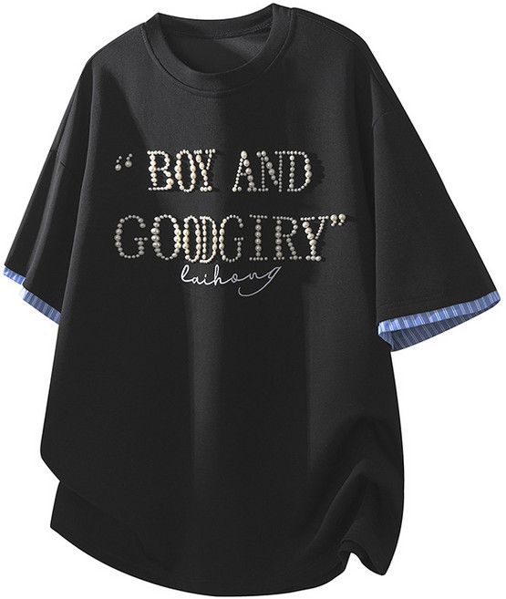 ANYOU 남자 여름 진주 레터링 반팔 티셔츠 라운드넥 배색 반팔