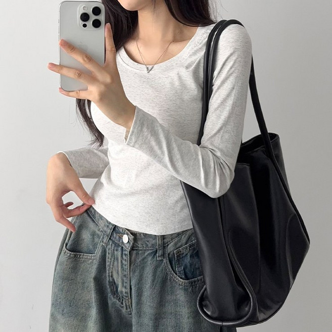 어나더뷰 2809 [데일리/필수템] 이지 라운드 긴팔 티셔츠 쫀쫀 스판 간절기 세미크롭 심플 베이직 기본티