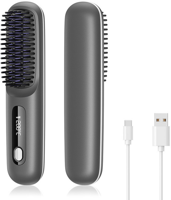 LnvaXe무선 빗고데기 음이온 브러쉬 헤어 스타일러 3단계 온도조절 매직기 휴대용, 그레이