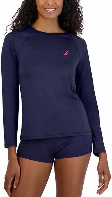 Nautica 여성용 긴소매 래쉬가드 - 빠른 건조 UPF 보호 수영 셔츠 수영장 해변 하이킹 요가 배구 심해 S 172899, L