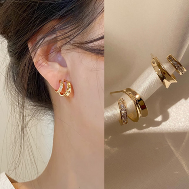 티큐 여성 심플 골드 큐빅 더블 라운드 귀걸이 A1949