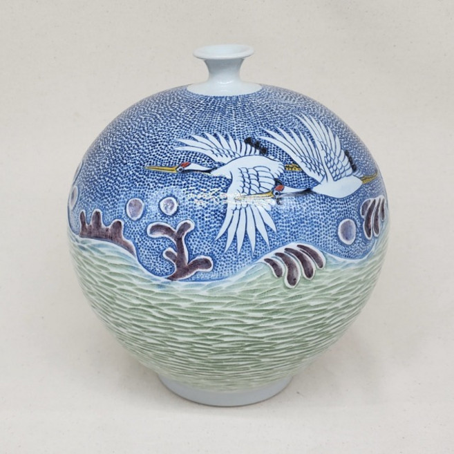 점묘 백자 조각 송학 행고 23cm X 26cm 고급 작품 도자기