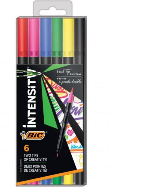 BIC 네임펜 마카펜 매직펜 Intensity 2 in 1 듀얼 팁 파인라이너 펜 파인 팁0.7mm 및 유연한 브러시3.7mm 다양한 색상 6개 팩, 1 Count (Pack of 6)