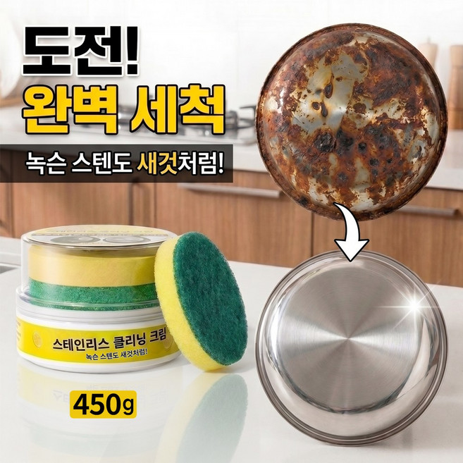 nimin 주방 기름때 세정제 찌든때 제거제 스텐 얼룩제거제 스테인레스 연마제 녹제거제 후드 싱크대 탄 냄비 닦는 청소세제, 450g, 1개