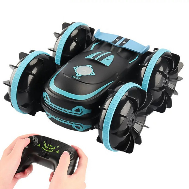水陸遙控特技車，全地形四輪驅動翻滾遙控汽車, 1個, 兩栖水陸翻滾防水遙控車-16cm藍