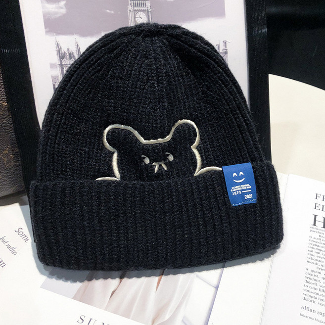 可愛小熊刺繡針織冷帽