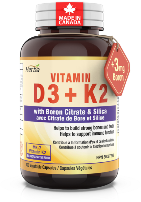 비타민K2 D3 MK-7 120식물성캡슐 1000IU 120mcg 메나퀴논-7 보론 실리카 포함 허바 캐나다, 120정, 1개