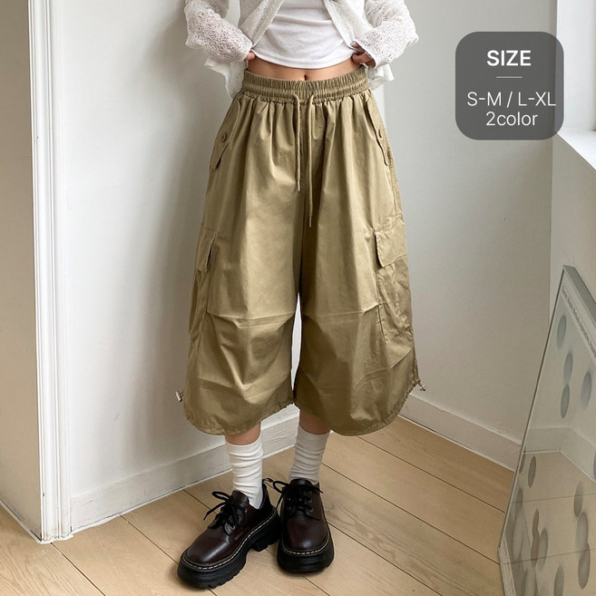 잇진 여성 7부 와이드 카고 버뮤다 밴딩 반바지 카펜터 팬츠