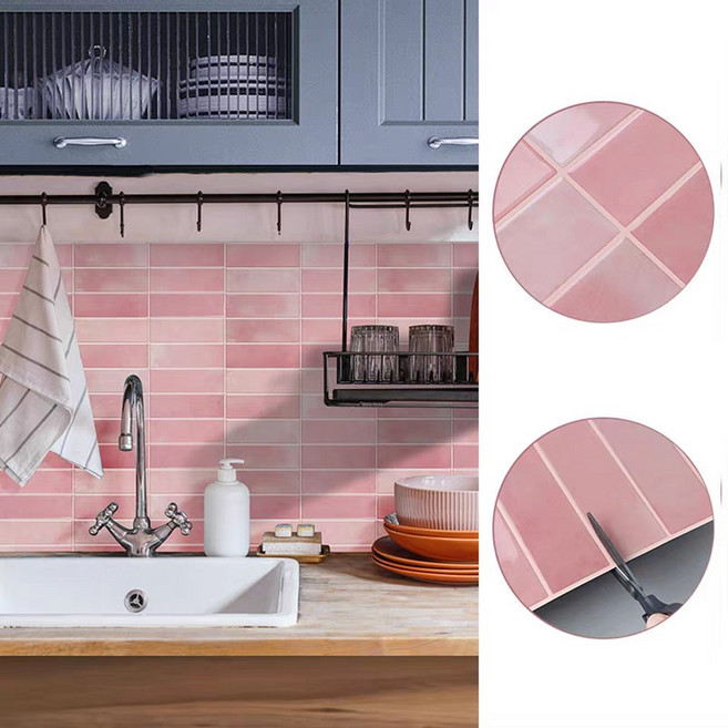 붙이는 3D 타일 시트지 방수 주방 욕실 화장실 벽면 리폼 셀프 인테리어 데코 벽지 인테리어 필름 5개, 핑크